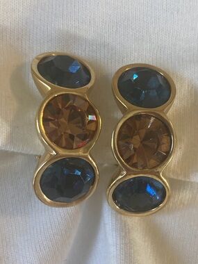 SAL Three Stones Swarovski Crystals Earth Tone Vintage Clip Earrings